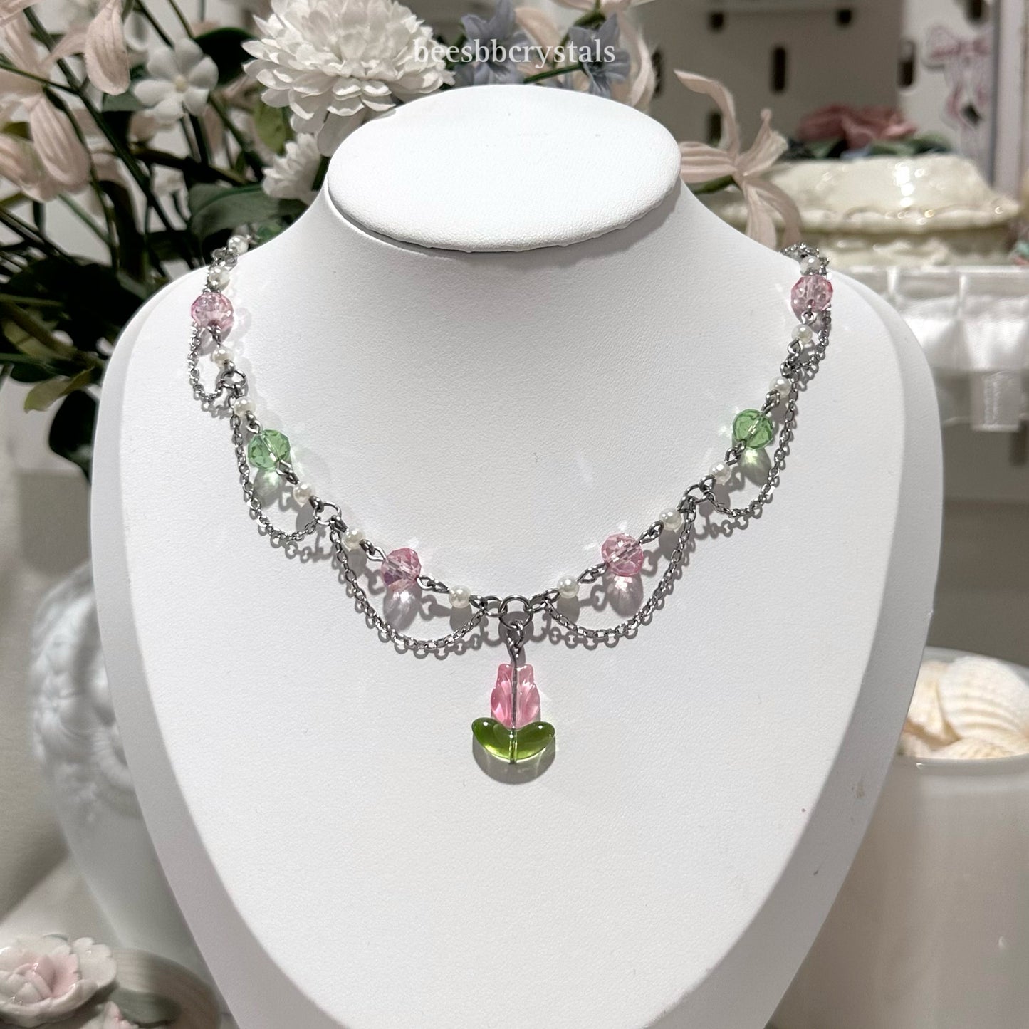 Pink floral charm necklace